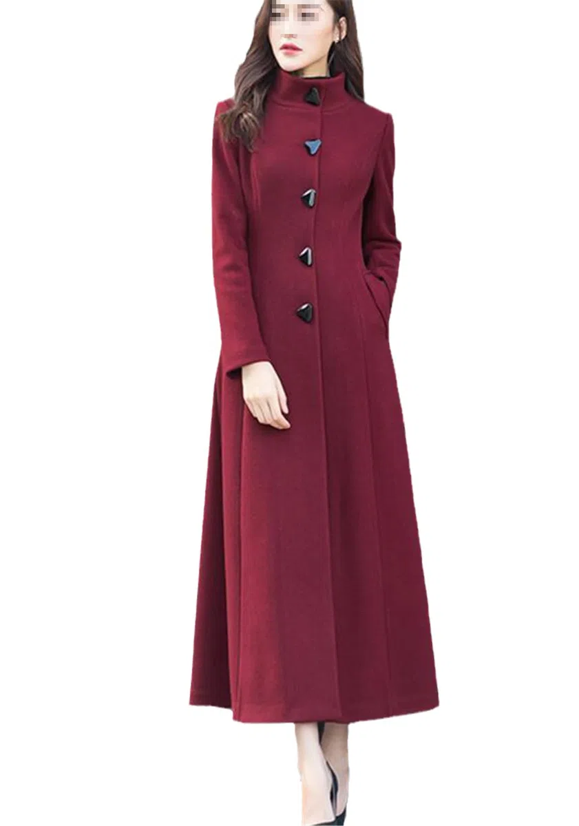 Abrigos de lana de un solo pecho para mujer con cinturón Chaqueta de lana larga para mujer, invierno, grueso, visón, cachemir, rojo vino, L