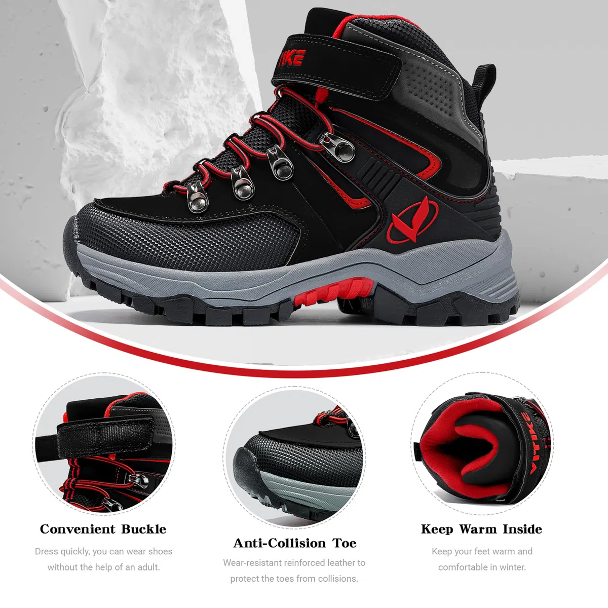 ASHION Botas de senderismo para Niños Botas de Montaña Botas de nieve Zapatos de Senderismo,H Negro Rojo 35 EU