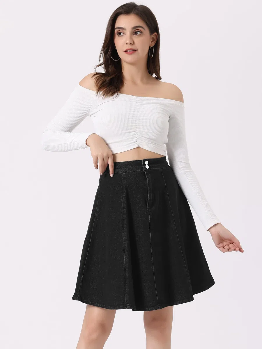 Allegra K Falda De Mezclilla Midi Casual Plisada Acampanada De Cintura Alta para Mujer
