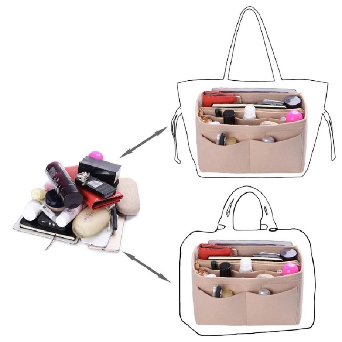Organizador de bolso, organizador de bolsas de fieltro con cremallera, moldeador de bolsos y bolsos, Fit LV Speedy, Neverfull, Longchamp, bolso de mano (delgado grande, beige)