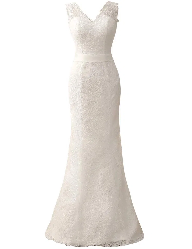 Elegante Vestido de Novia Simple de Cuello V, Blanco, 40