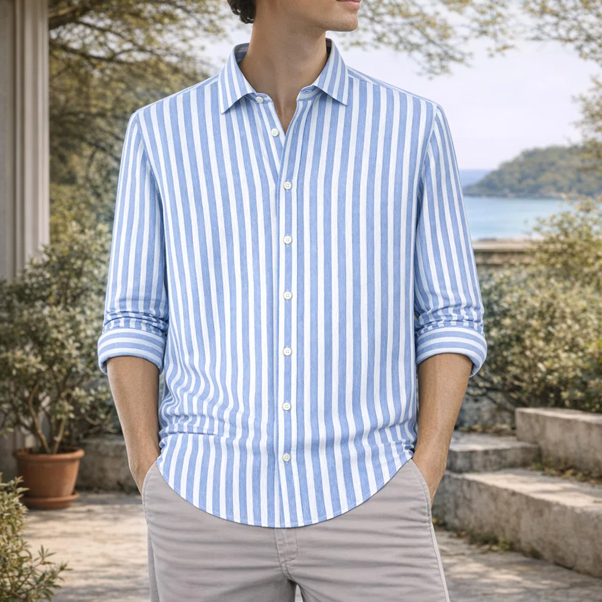 Camisa de Rayas para Hombre, 100% Lino, Manga Larga, Ajuste Regular/Slim Fit, Estilo Casual y Elegante, Transpirable para Verano.