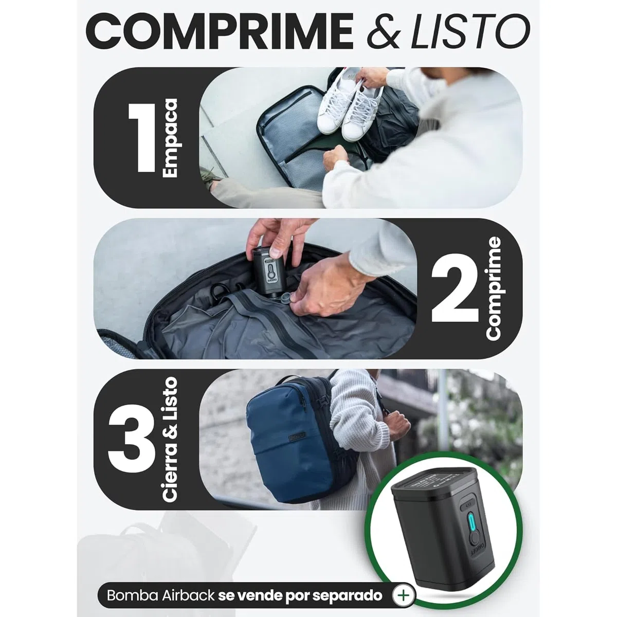 Airback GO Mochila Viaje Vacio - 16-32L, Mochila de Compresión al Vacío, Mochila Cabina, Bolsas de Viaje Ligeras y Ampliables, Cómodas y Resistentes al Agua, Azul