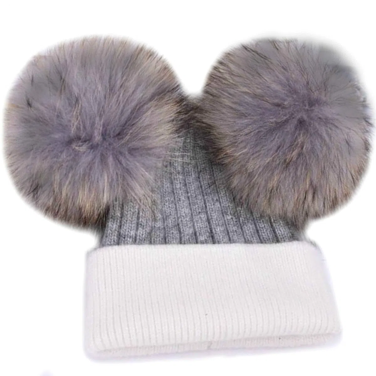 Gorro de cachemira de piel auténtica con doble pompón, para mujer, de invierno, para mujer gris y blanco Talla única