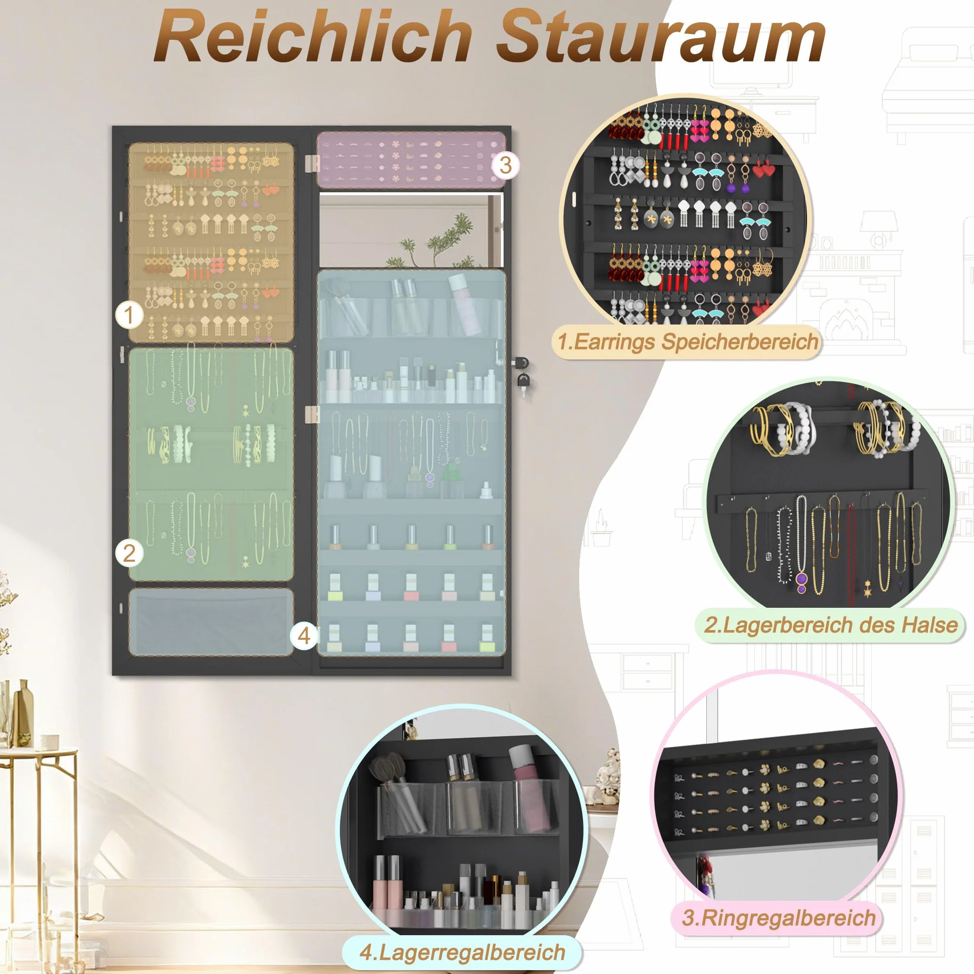 FIVMEN Mueble para joyería con espejo, mueble de pared, joyero colgante con cerradura, organizador de maquillaje 2 en 1 con espejo de cuerpo entero, espejo de pie, negro