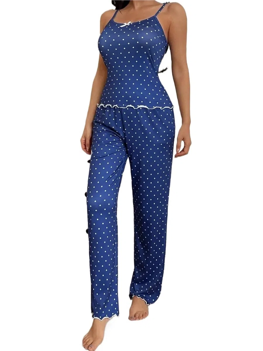 Conjunto de 2 Piezas Pijama Cuatro Estaciones for Mujer, Camiseta sin Mangas y Pantalones Largos Informales cómodos con Estampado Lunares para Descanso en casa