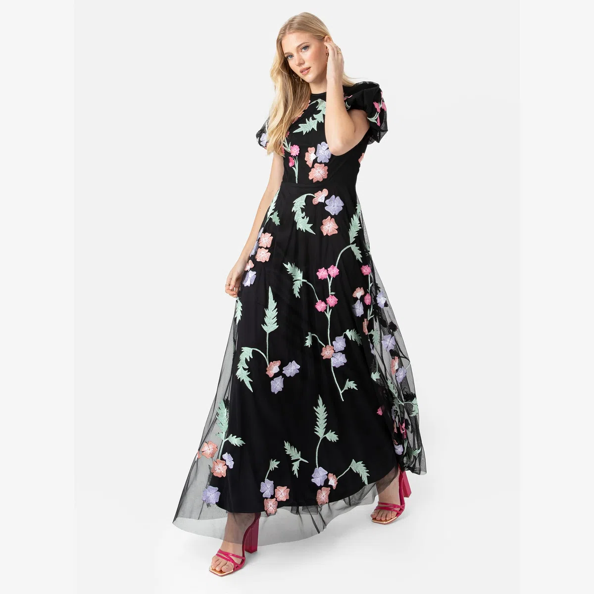 Maya Deluxe Womens Maxi Dress Ladies Floral Embroidered Open Back Puff Sleeves Dress For Wedding Guest Bridesmaid Prom Occasion Vestido Mujer