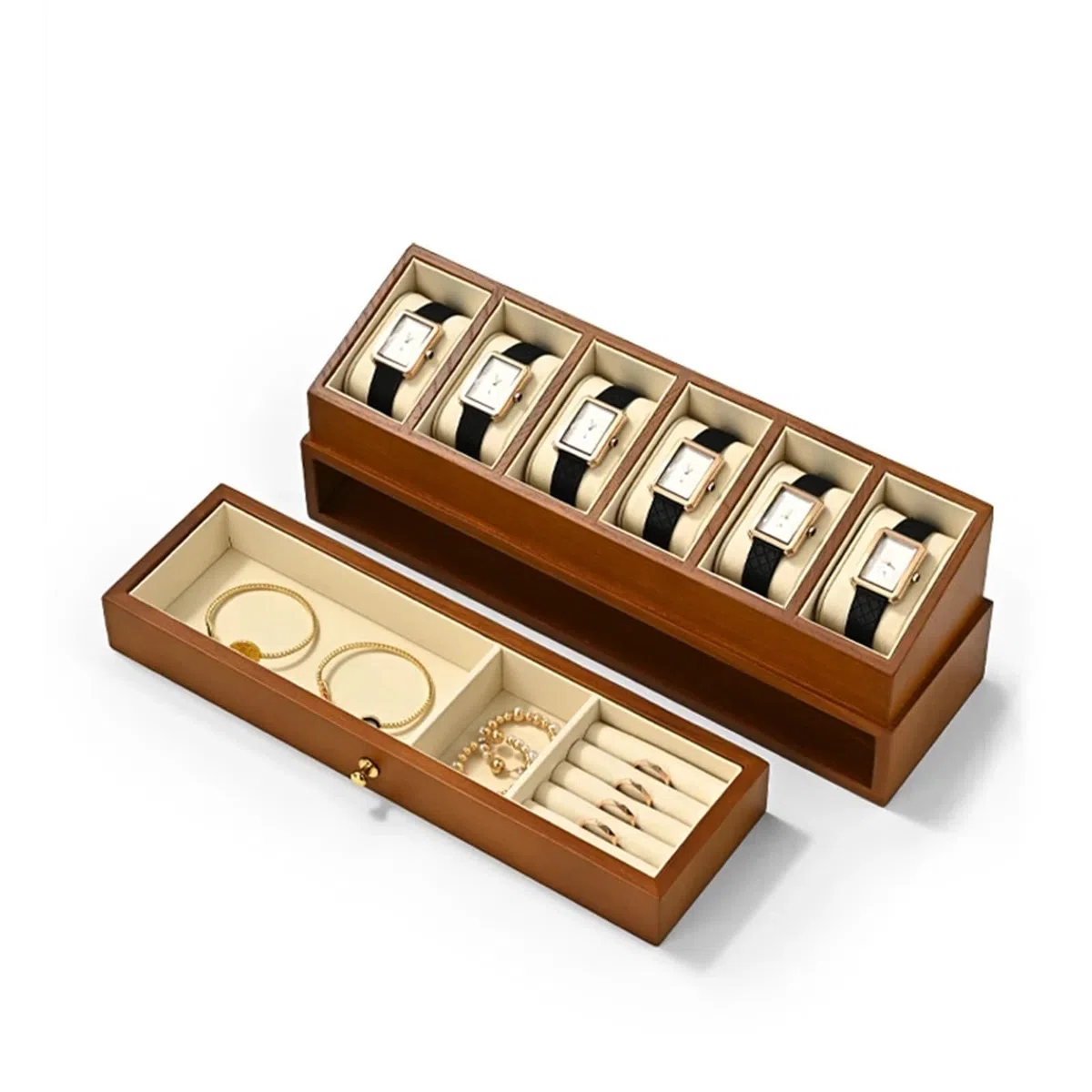Caja de relojes de madera maciza Caja de reloj madera, organizador 6 rejillas, almacenamiento exhibición muñeca joyería doble capa