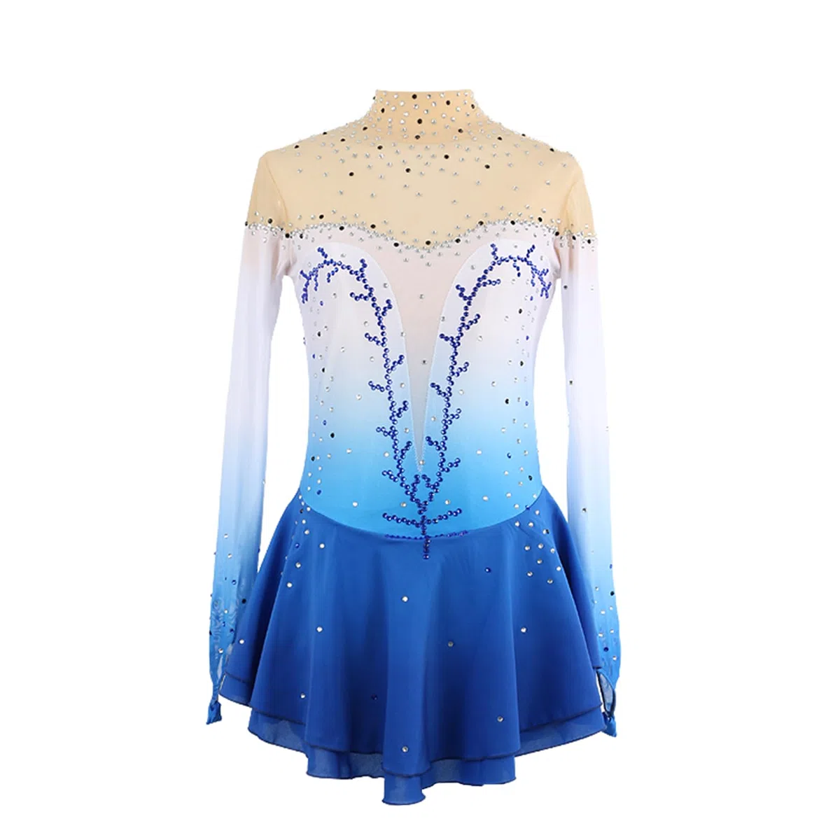 Vestido de Patinaje artístico, Cuello Alto con Diamantes de imitación degradados, Traje de competición, Leotardo de Danza lírica y Gimnasia, Vestido de Patinaje sobre Hielo (Azul XXL)