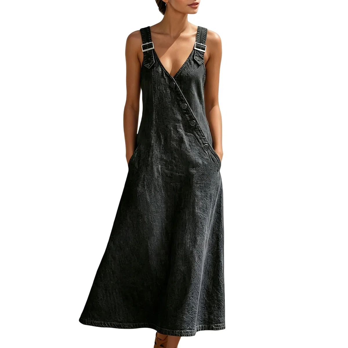 Vestido Vaquero con Cuello y Botones, Corte Holgado, Estilo Casual, Largo, Mono Ajustado.