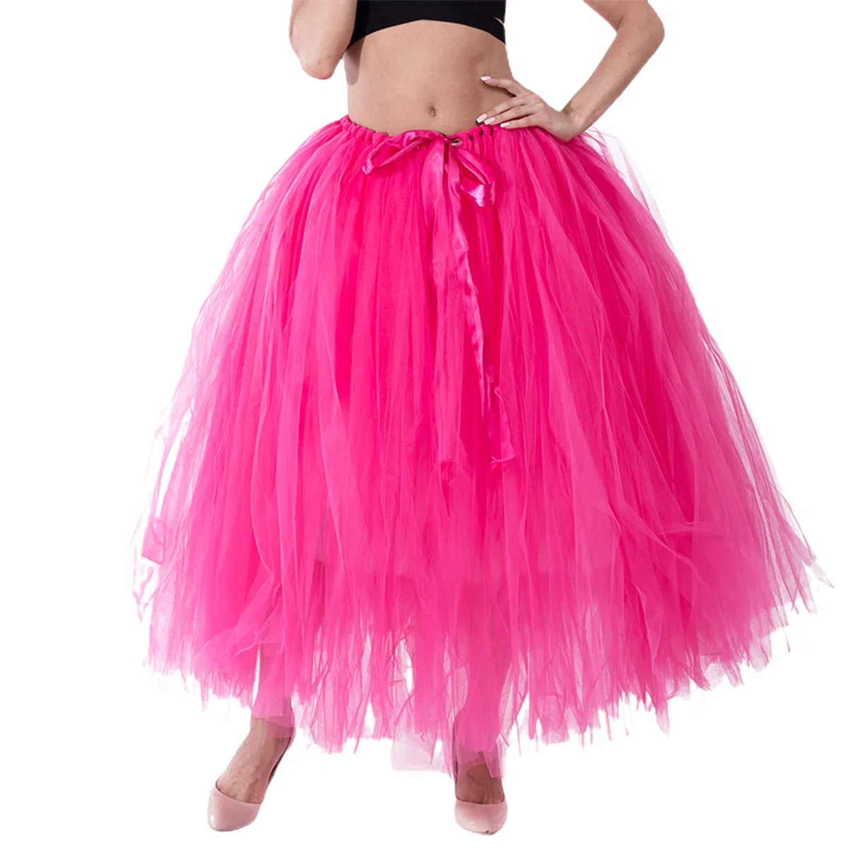 Falda larga tutú de cintura alta con capas de tul maxi faldas hinchadas hasta el suelo, boda, fiesta, con cinturón Bowknot, Rosa Roja, Talla única