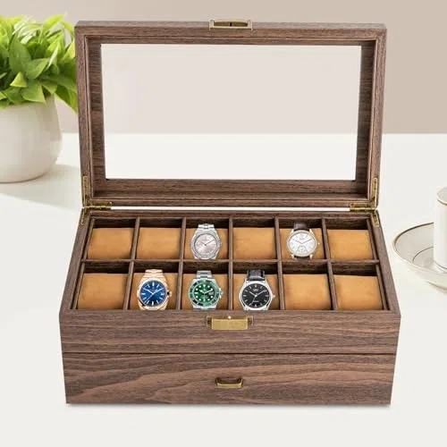 Caja de reloj con 24 ranuras, almacenamiento de madera de 2 niveles con parte superior de cristal para joyas y accesorios, organizador para hombres