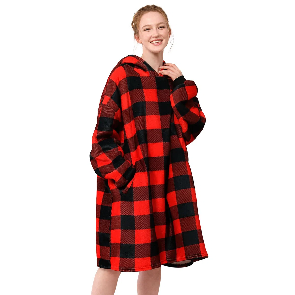 LetsFunny Sudadera con capucha de gran tamaño, súper suave, cálida, cómoda, con bolsillo gigante, para adultos, hombres, mujeres, adolescentes, niños, talla única (cuadros rojos, adultos)