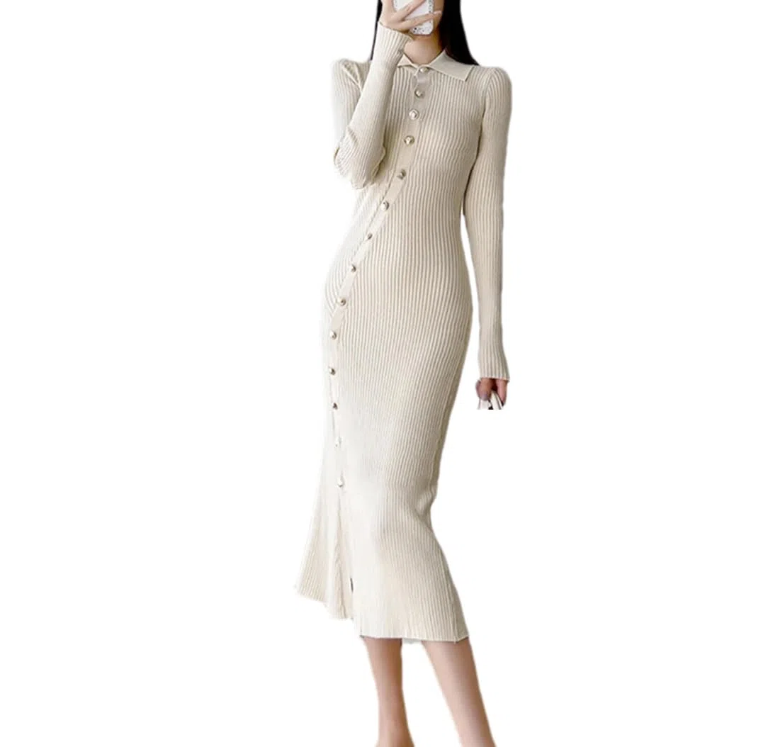 Vestido de punto delgado de manga larga para mujer, vestido de jersey de un solo botonadura, color sólido, parte inferior midi
