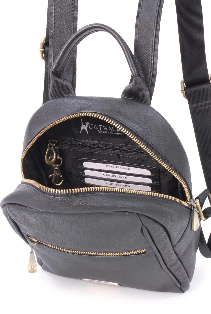 Catwalk Collection Handbags - Bolso Mochila de Mujer - Piel Auténtica - Multibolsillos - Pequeña/Mediana - Correas Ajustables - Zoey - Negro