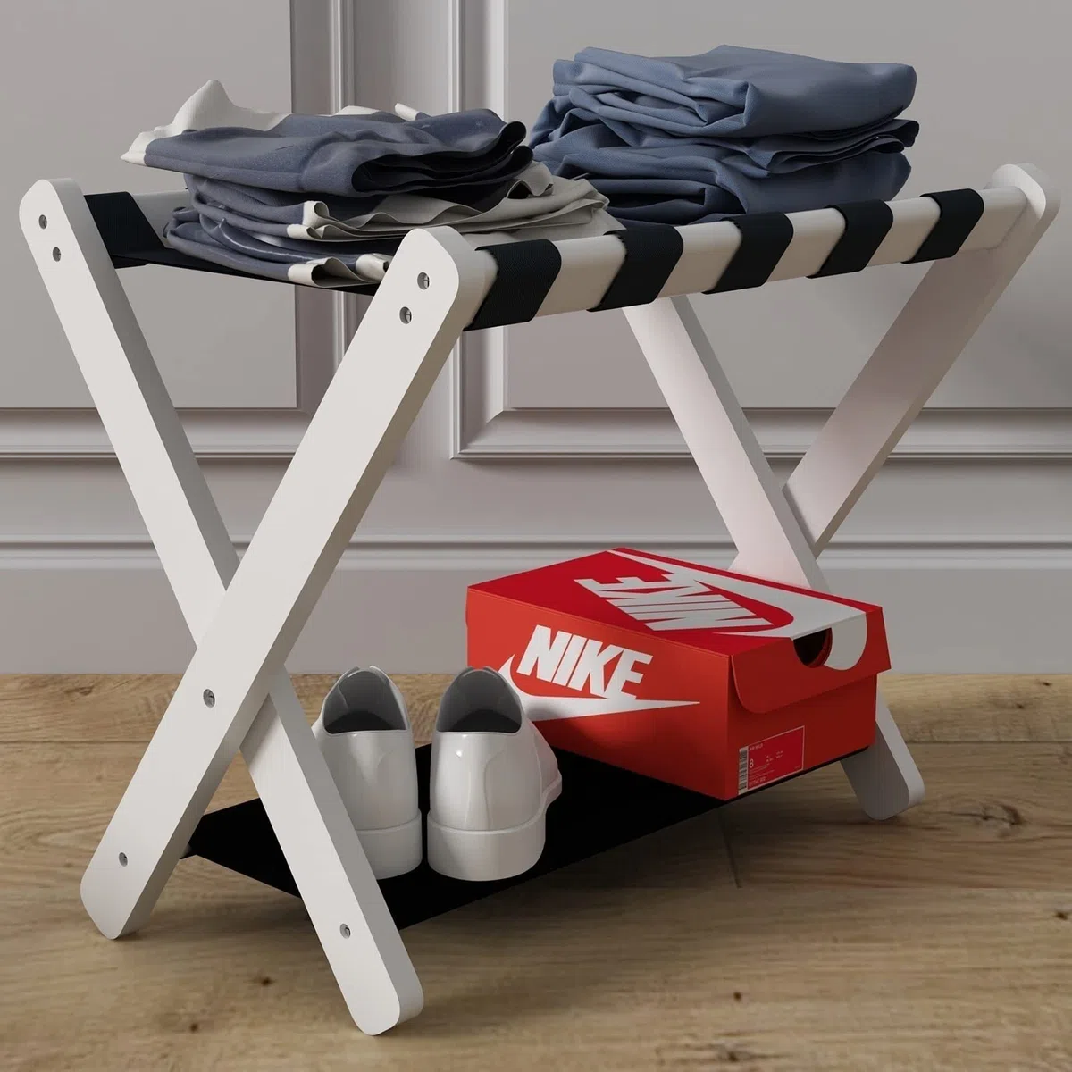 Genérico Organizador de Maletas Plegable con Zapatero - Juego de 2 portaequipajes para habitación de Invitados - Soporte para Maletas de 2 Niveles - Soporte para Maletas de Suelo, 70 x 43 x