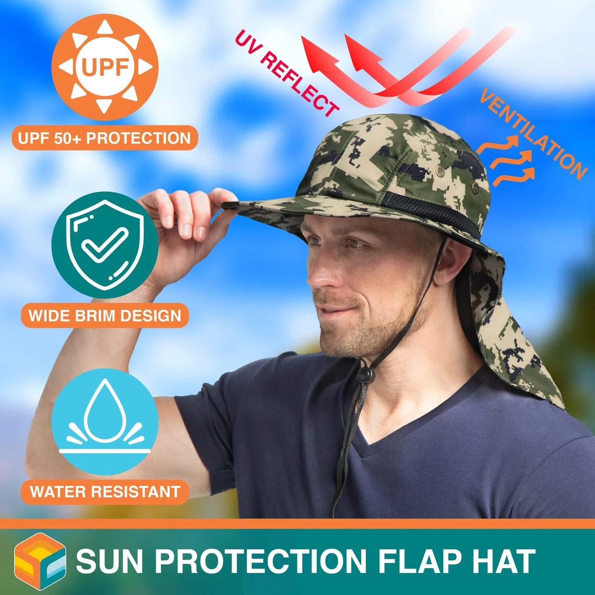 Suncube - Sombrero de pesca con cubierta para el cuello y solapa, amplia sombra, correa ajustable para la barbilla para exteriores, senderismo, safari, caza, verano UPF 50 +, malla transpirable