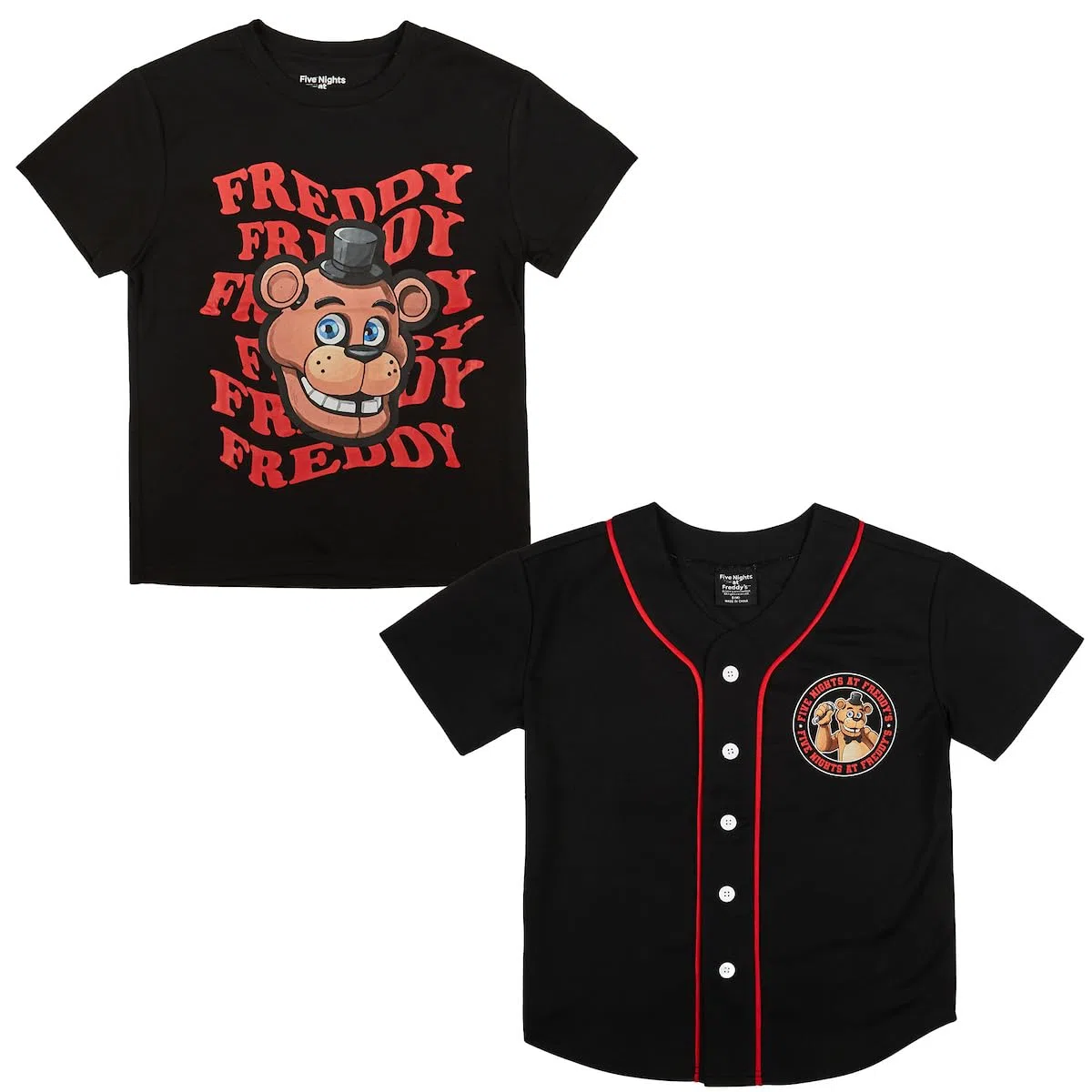 Five Nights at Freddy's Freddy - Juego de 2 camisetas de béisbol negras y camiseta de manga corta para niño