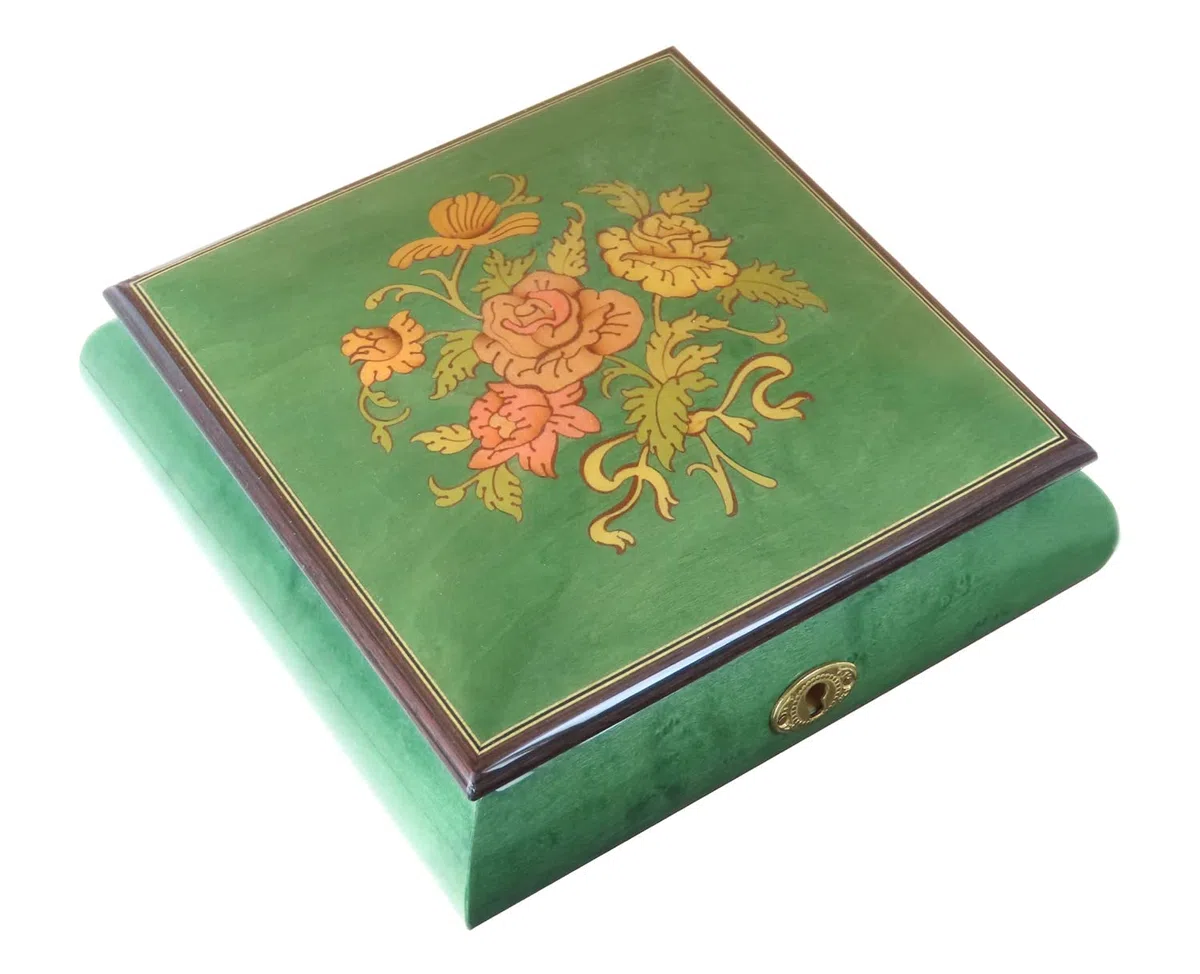 Joyero musical/caja de música para joyas de madera teñida verde claro con marquetería ramo de flores y mecanismo musical de resorte de 18 notas - El vals de Amélie Poulain (Yann Tiersen).