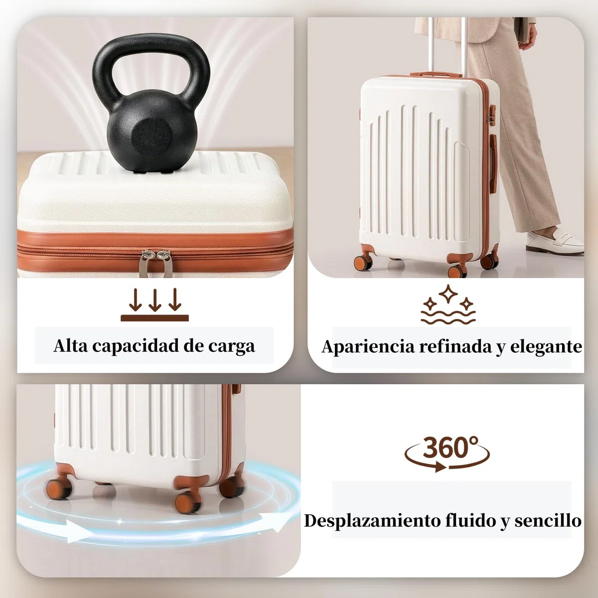 LEADZM Juego de Maletas de 5 Piezas con Neceser (Beige-Marrón) | Maletas de Viaje Grandes 23 Kilos, Maleta Cabina, Mediana, Maleta de Viaje
