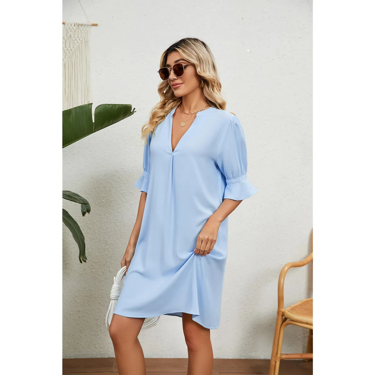 Vestidos de Verano Vestidos de Manga Corta de Cuello V de Verano para Mujeres Vestidos de Playa Larga Relajados Y Elegantes, HUTALIM, Azul, XXL