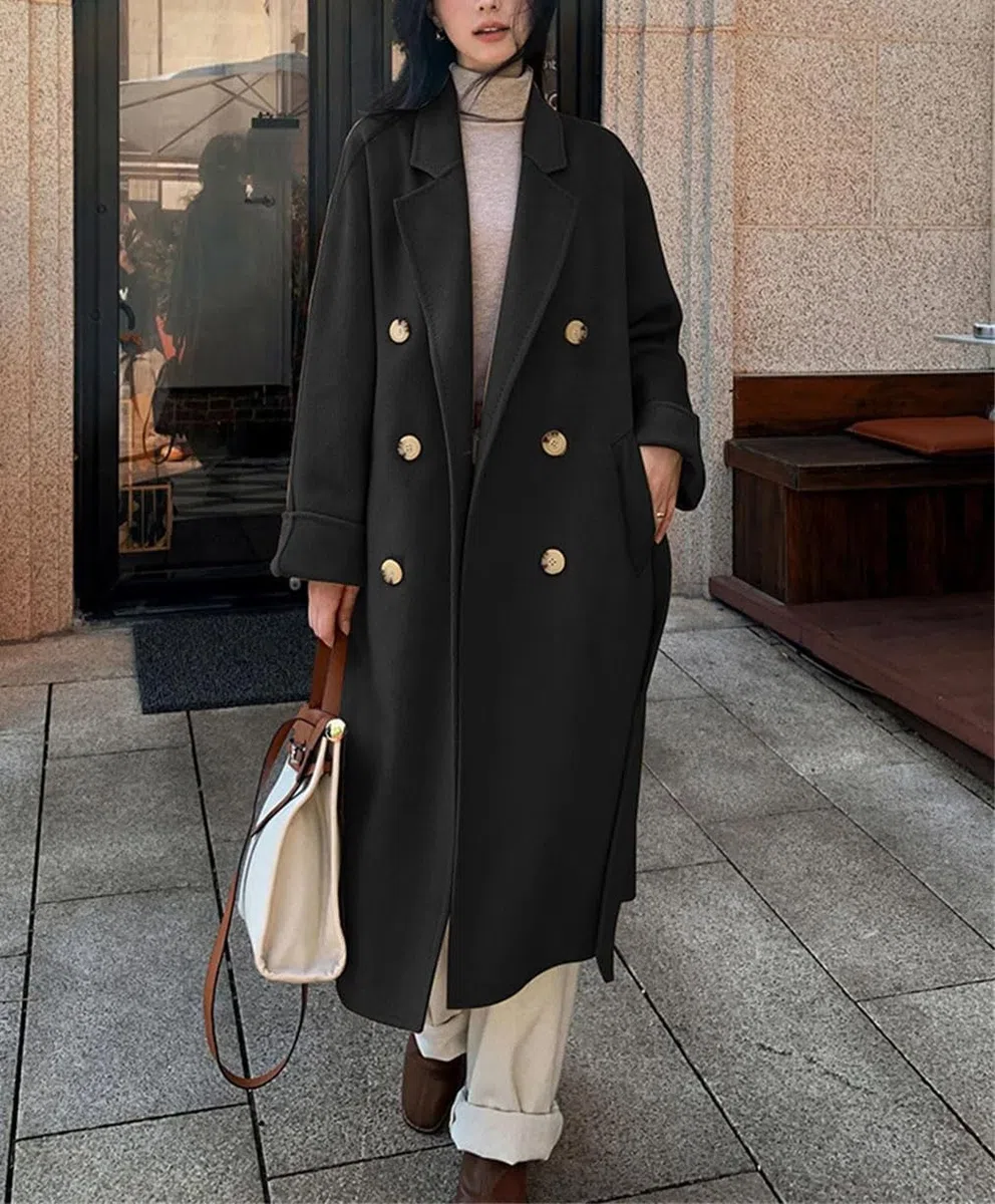 Abrigo clásico de lana reversible de cachemira para mujer, abrigo largo de lana para invierno, rompevientos casual con cinturón