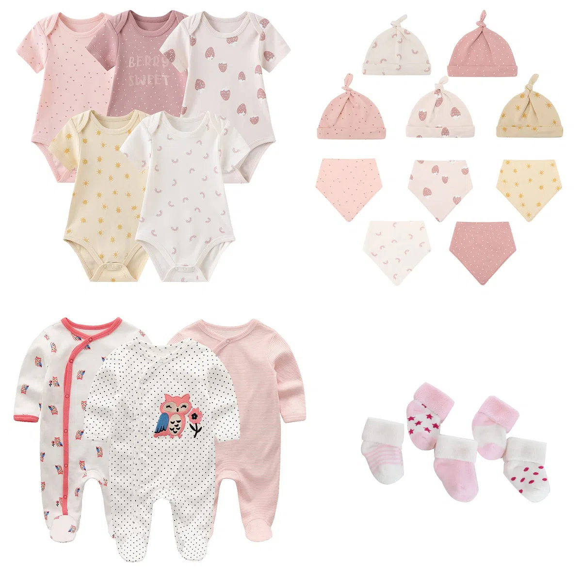 MAMIMAKA Conjunto de ropa para bebé recién nacido de 23 piezas, paquete de 5 mamelucos + 3 pijamas y accesorios para 0-6 meses