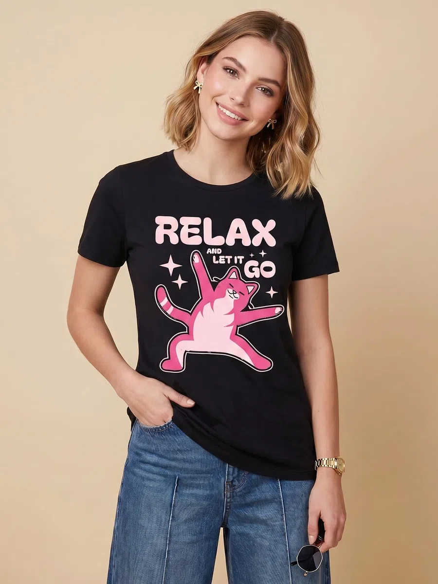 JUNEBERRY® Camiseta estampada de algodón puro para mujer de corte regular para uso diario, viajes y fines de semana (blanco, cisne y negro)