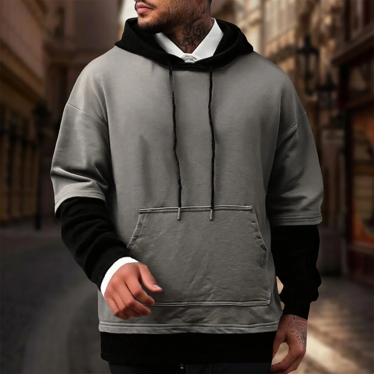 Sudaderas con Capucha Corta Sudadera Oversize Estilo Patchwork para Hombre, Nueva Otoño Juveniles (Grey, XXL) Ropa Gimnasio Hombre Playa Moto Oversized Gym Camisas Manga Larga Kit De
