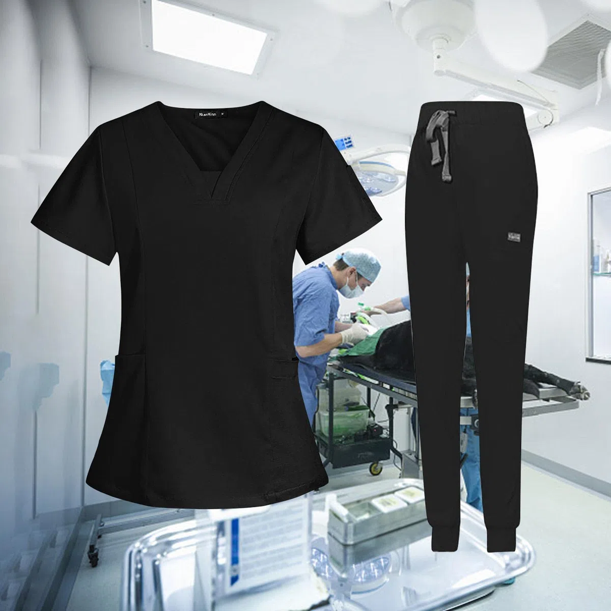 #N/A/a Conjunto de Uniforme Médico para Mujer, Traje Cómodo Lavable a Máquina con Escote en V para Salón de Belleza, Negro, M