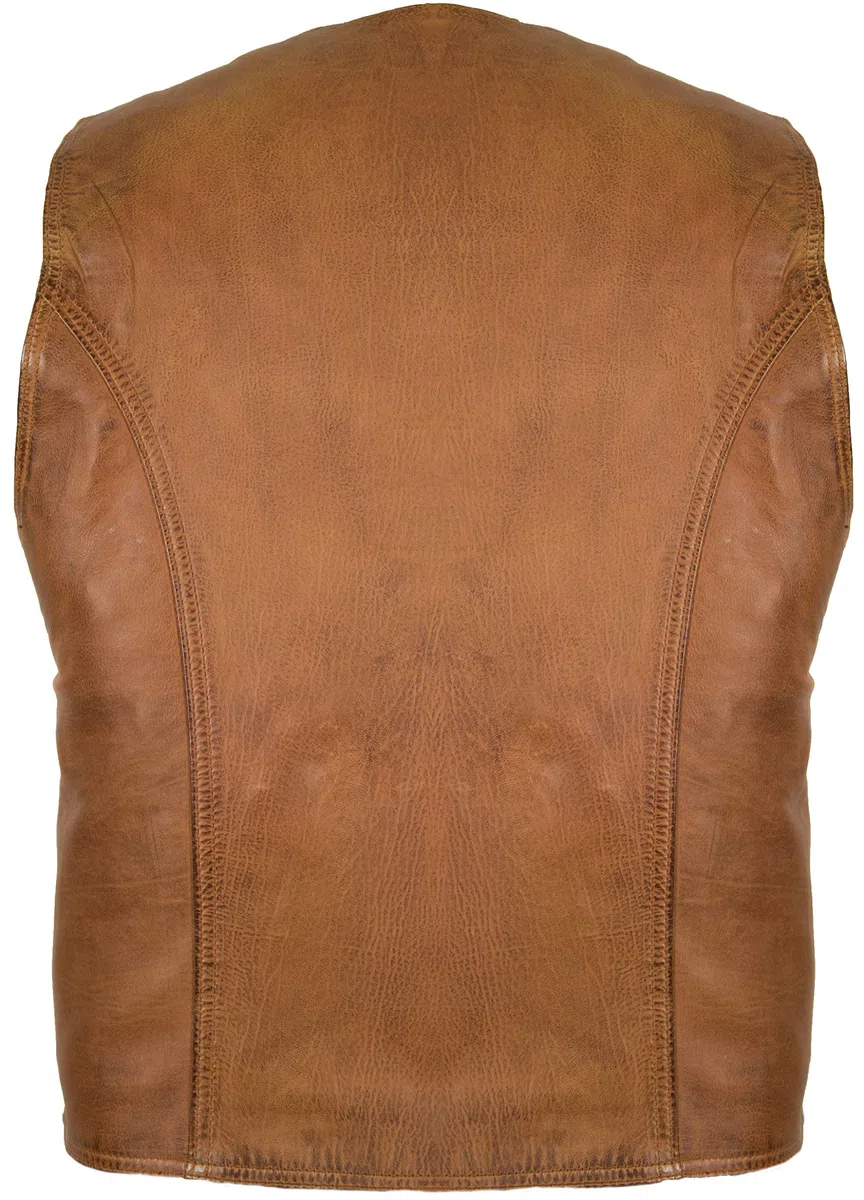 MDM Chaleco Hombre De Cuero Napa De Cordero Auténtico - Chaqueta Moto Hombre Sin Mangas, Chaleco Cuero Ligero Con Cuello En V, Bolsillos Interiores Y Exteriores