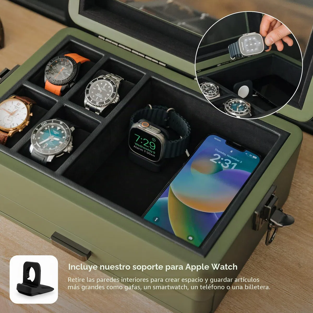 CASE ELEGANCE Caja organizadora militar para reloj con 10 ranuras para hombres, parte superior de cristal real, bandeja de valet modular, reloj Apple compatible con soporte para reloj Apple, verde