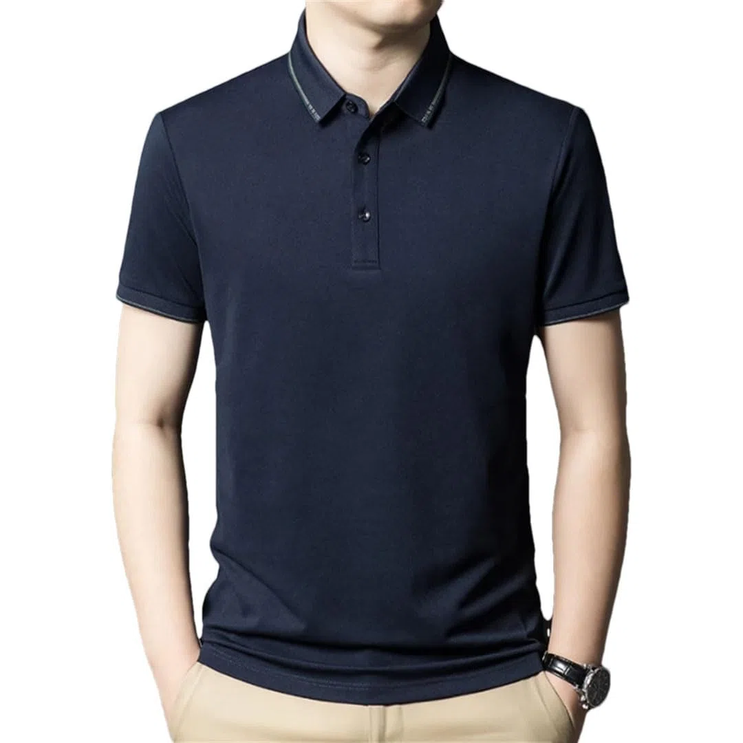 Polo clásico de manga corta con solapa y media manga para hombre, color liso, azul marino, M