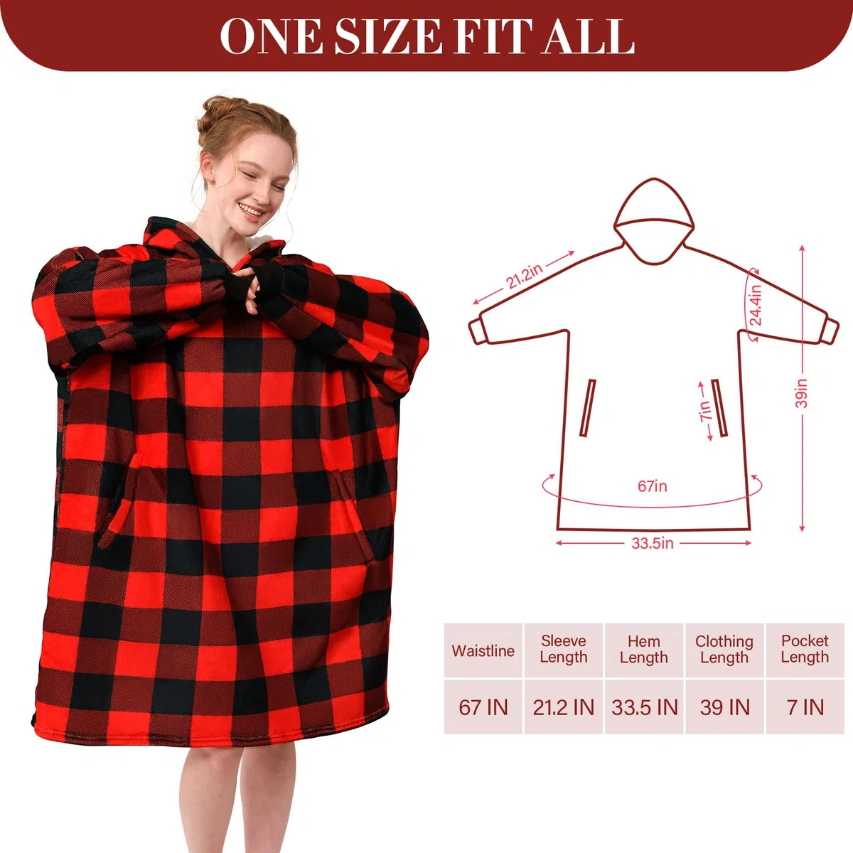 LetsFunny Sudadera con capucha de gran tamaño, súper suave, cálida, cómoda, con bolsillo gigante, para adultos, hombres, mujeres, adolescentes, niños, talla única (cuadros rojos, adultos)