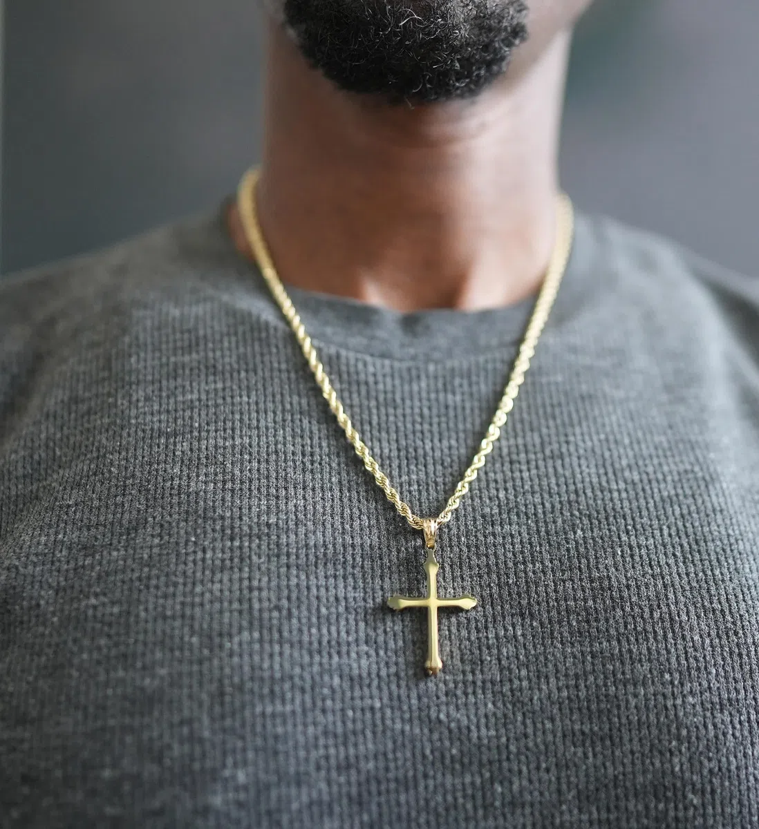 18K Small Gold Cross Necklace Pendant Charm with 3MM Rope Chain Gift for Men Women Husband Wife Baptism Religious w/real strong Solid Clasp Fashion Jewelry