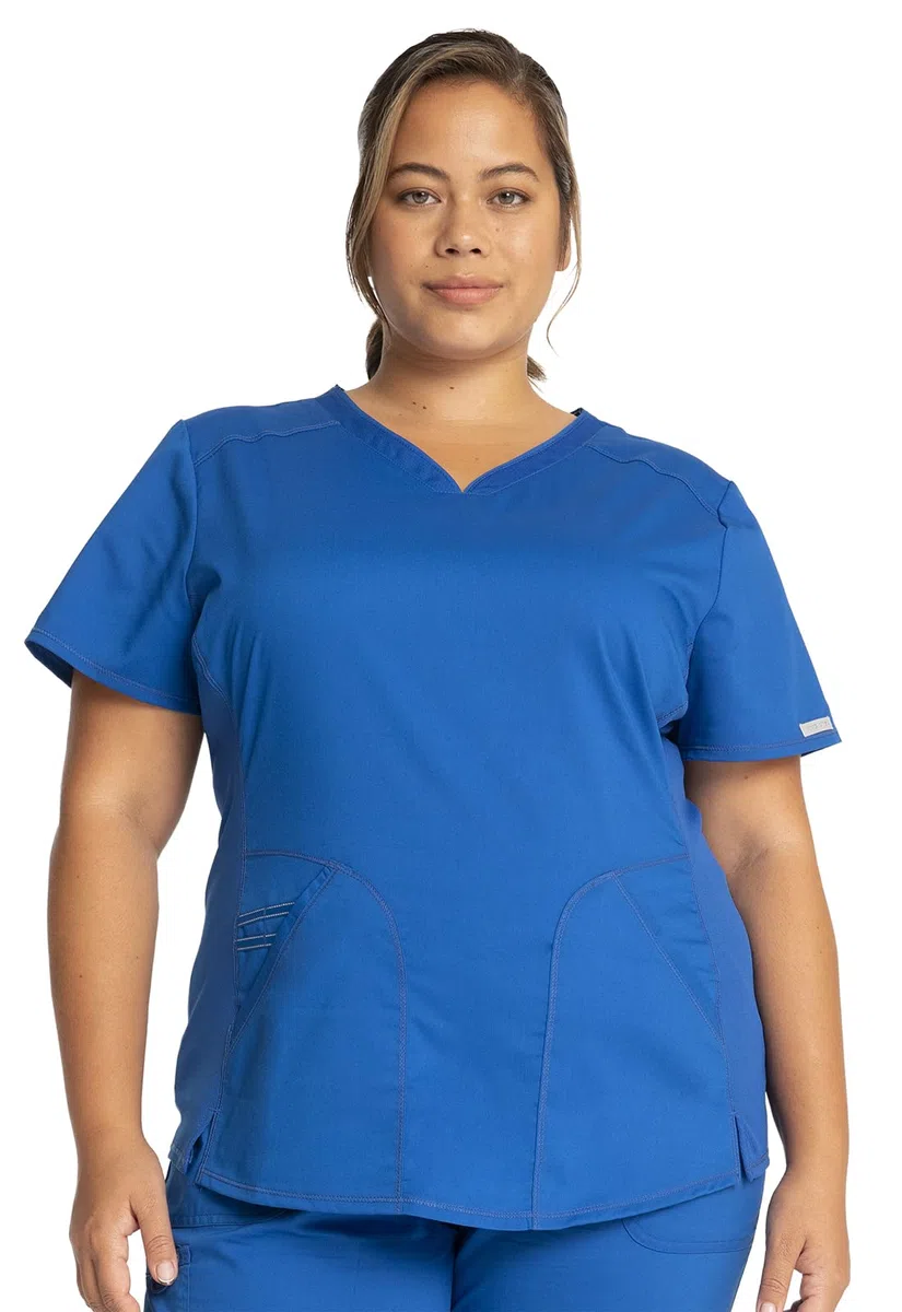 Cherokee Conjunto de uniforme médico para mujer, camiseta médica con cuello en V WW601, con pantalones deportivos de tiro medio, WW115, azul real, parte superior mediana/pantalón alto mediano