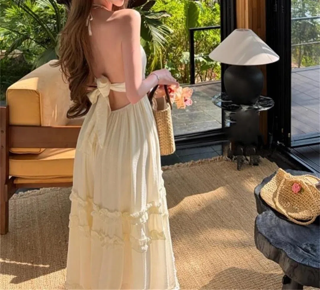 Vestido largo sin mangas para mujer, con volantes, espalda descubierta, escalonado, vestido de playa de verano