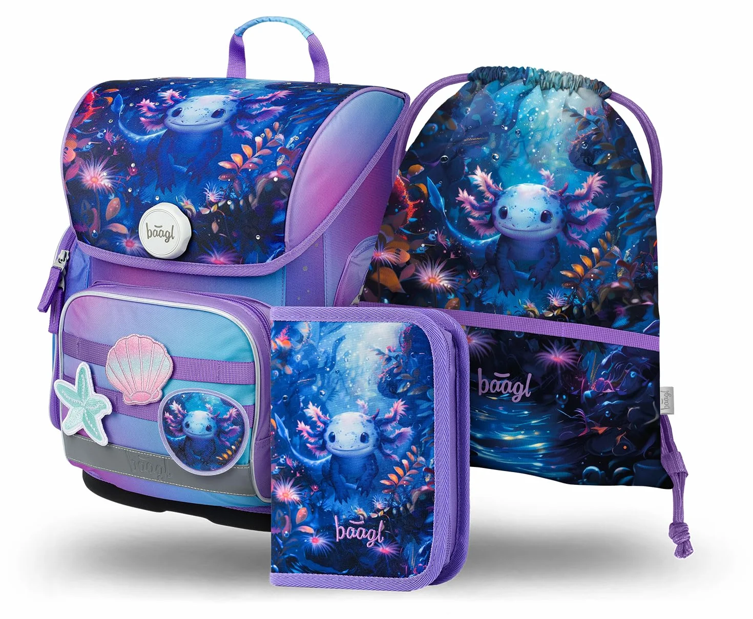 Baagl - Mochila para niño (3 piezas, mochila Ergo para 1ª clase, mochila ergonómica primaria, bolsa de escuela primaria con correa para el pecho, Axolotl, juego de mochila escolar, Axolotl, Juego de