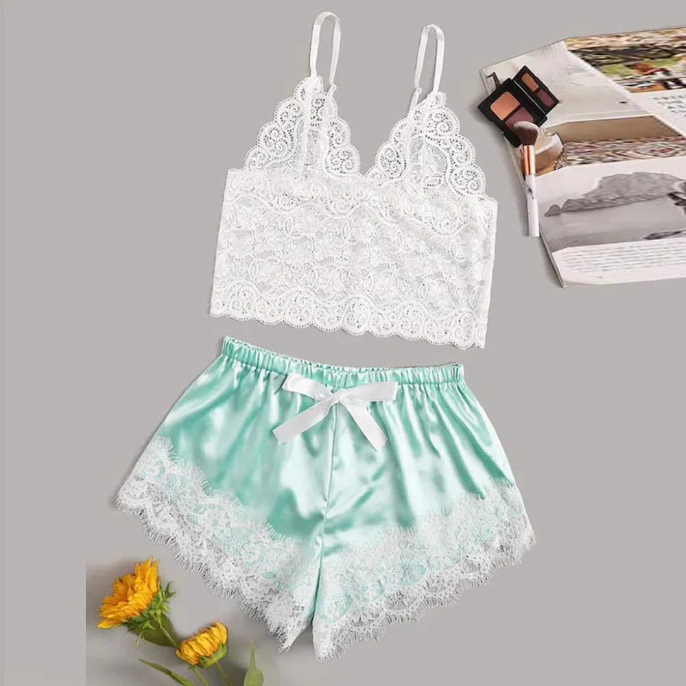 Mujer Sexy Negro con Encaje Sensual Elegante Fina Lenceria para DamaConjuntos de Pijamas para Mujer Sujetadores Sexis para Mujer Ropa de Dormir de Encaje Sexy Ropa Interior Tops Briefs Sets-Green_L