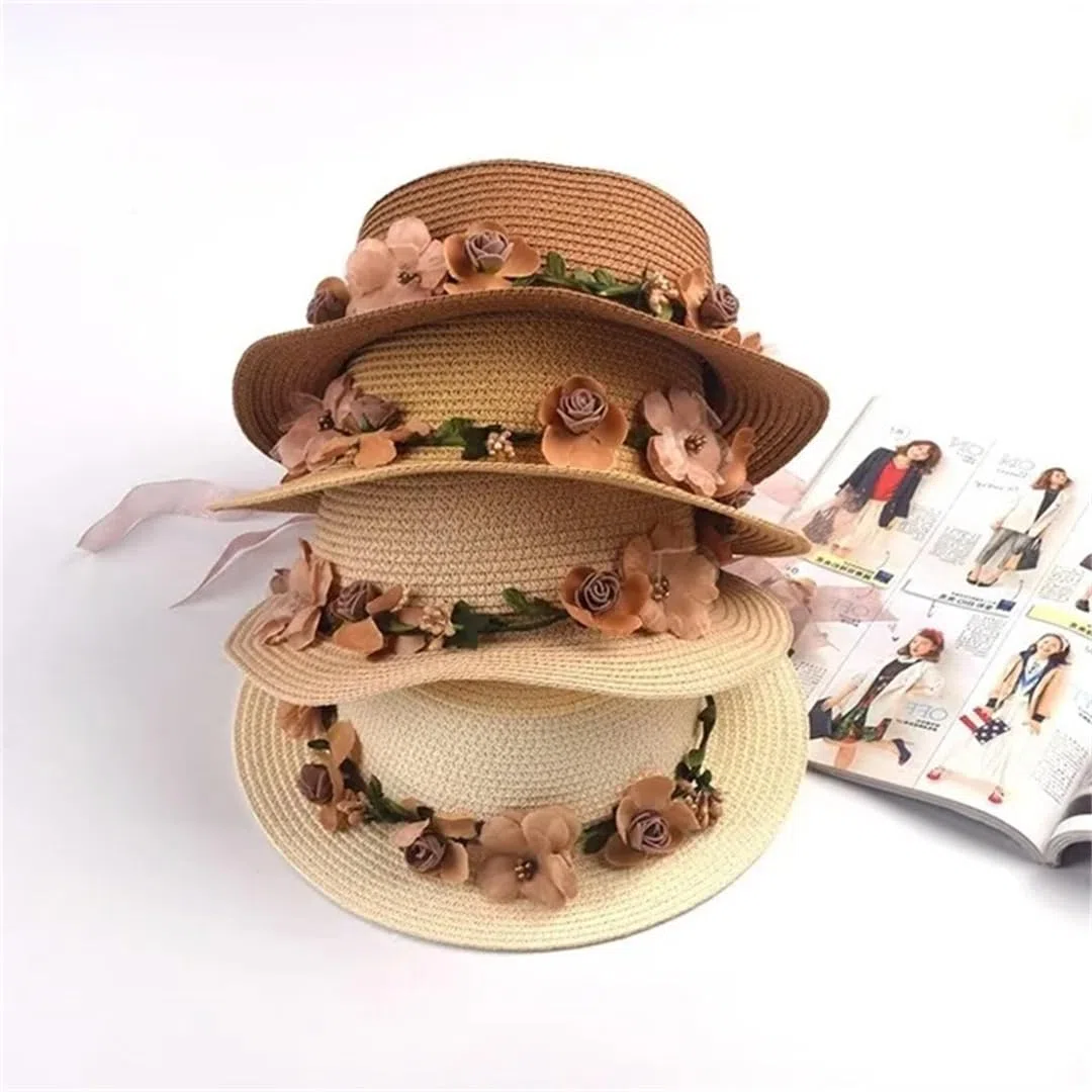 Sombrero para el Sol para Mujer, Sombrero de Cubo, Sombrero de Paja con Parte Superior Plana y Lazo de Encaje Beige de Verano (21244 Mujeres 56, Talla única 58 cm)