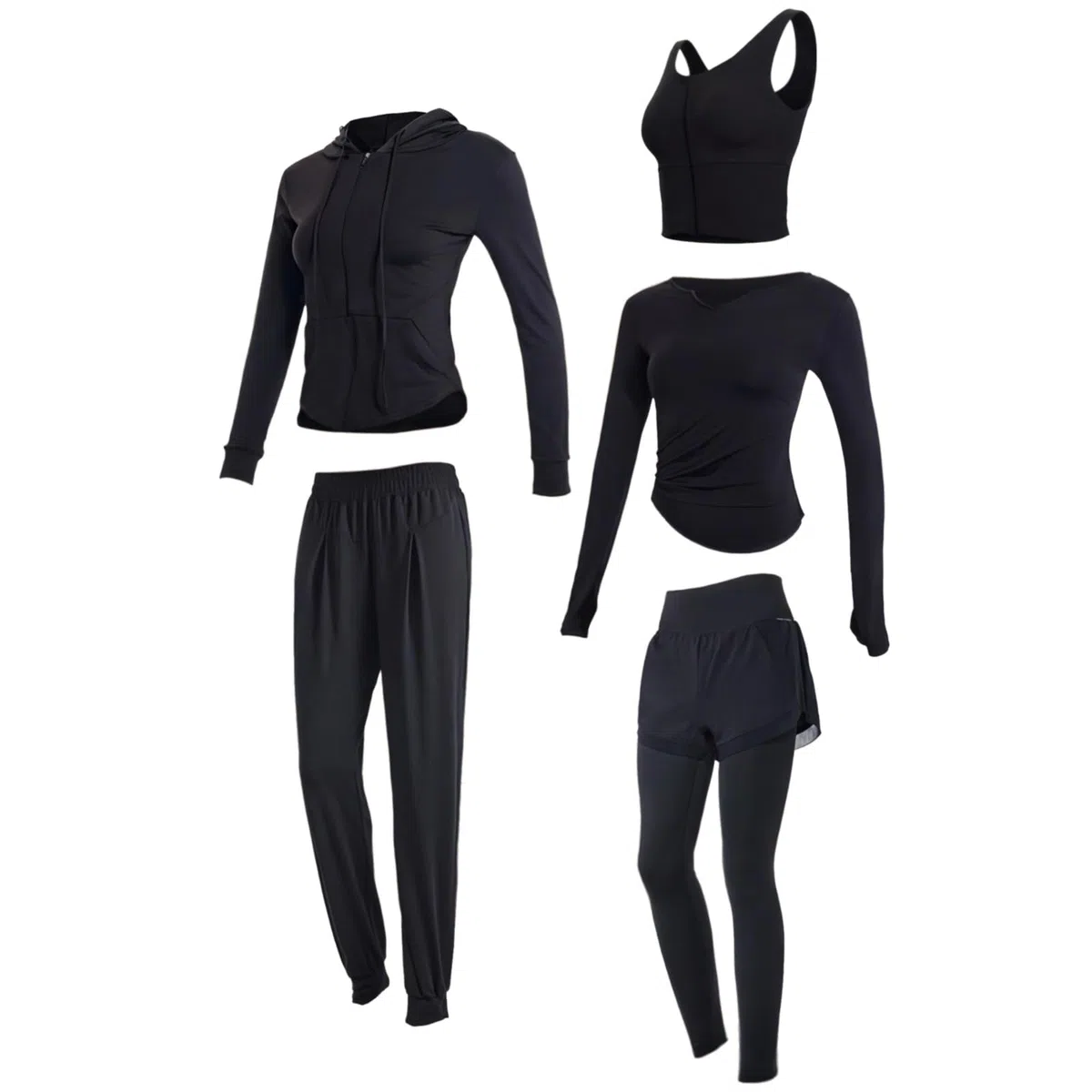 Conjunto de ropa deportiva para mujer, ropa de yoga de 5 piezas con camisetas de manga larga, tela de poliéster y elastano transpirable, se adapta a mujeres de 5 pies 0 pulgadas a 5 pies 11 pulgadas
