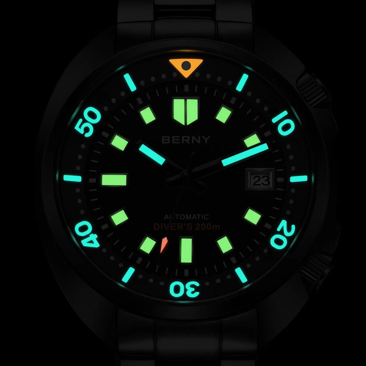 BERNY Reloj Automático Hombre Reloj De Buceo Todo Negro 200M Resistente Al Agua Reloj Analógico Mecánico De Pulsera Masculino con Fecha Super Luminosa Correa De Fluoroelastómero