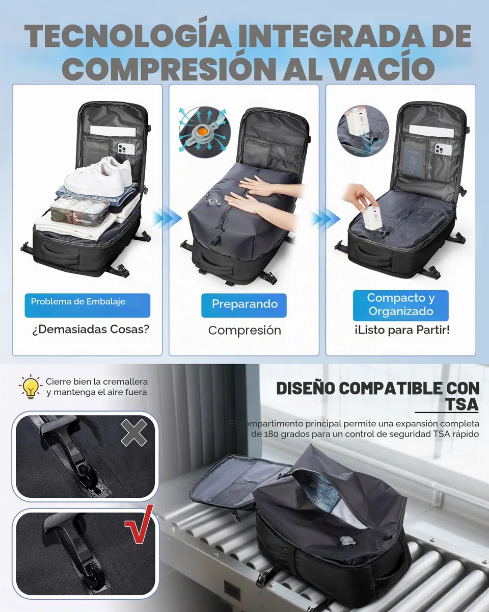 Mochila Cabina al Vacio Avion 45x36x20 Easyjet,Mochila Viaje Vacio con Bomba Equipaje de Mano Compresion al Vacio Mochila Portatil Hombre y Mujer,Negro