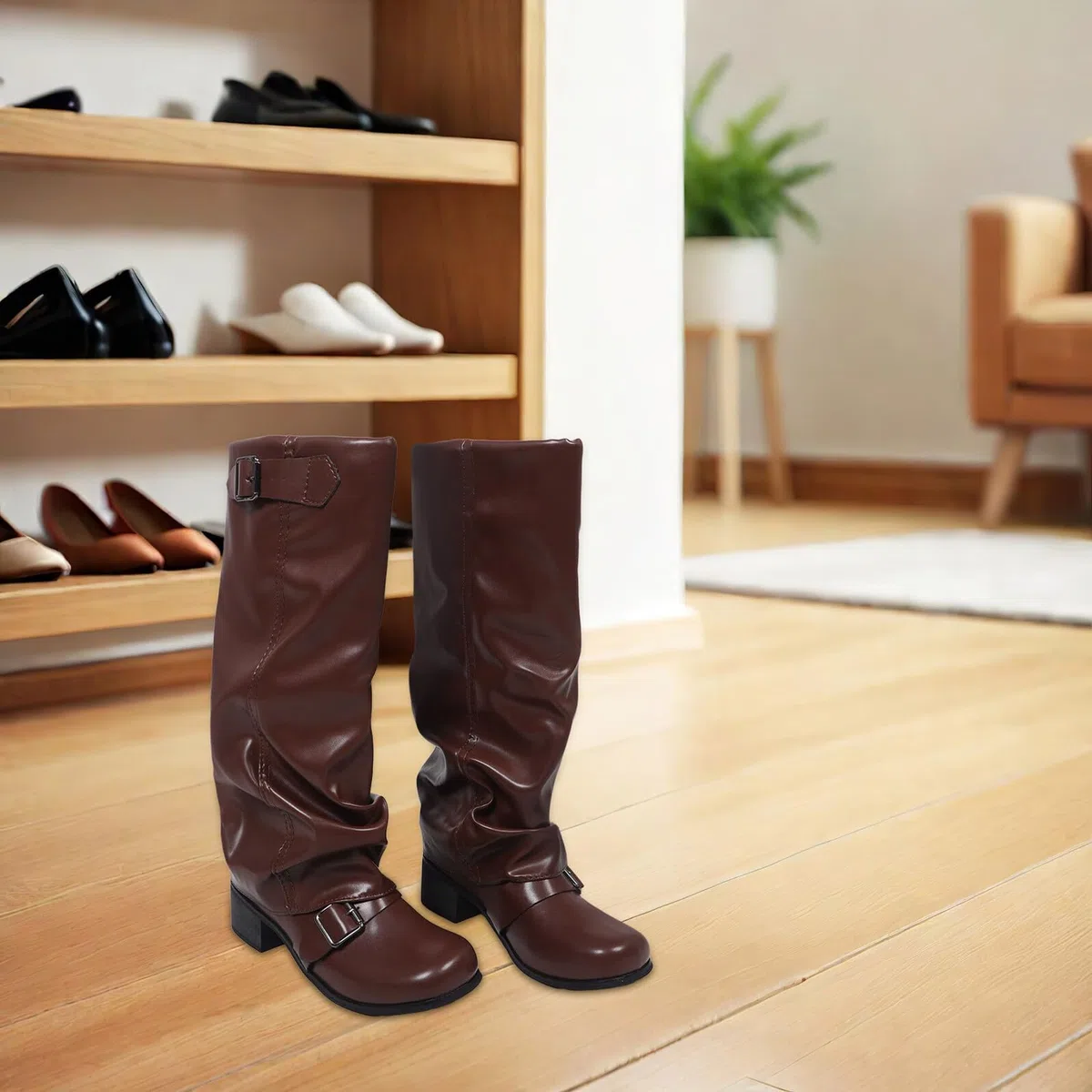 Healeved Botas de Montar Retro para Mujer Botas Marrones de Pu Estilo Western Rodilla de Vestir Gruesas para Fiesta de Baile Campestre