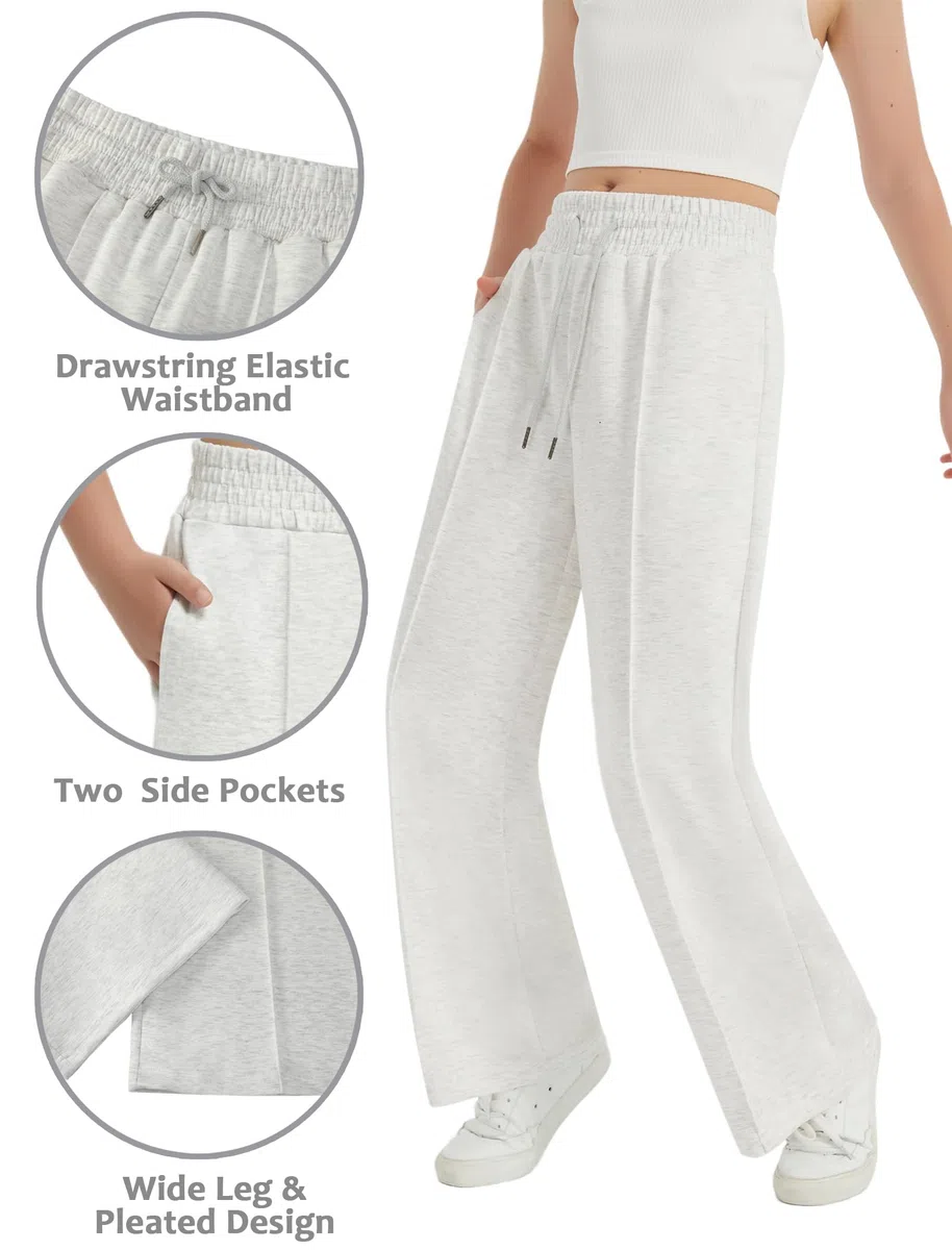 EXARUS Pantalones deportivos para niñas con costura frontal, cordón de ajuste, cintura alta, pierna ancha, holgados, casuales, cintura alta, 6-14 años