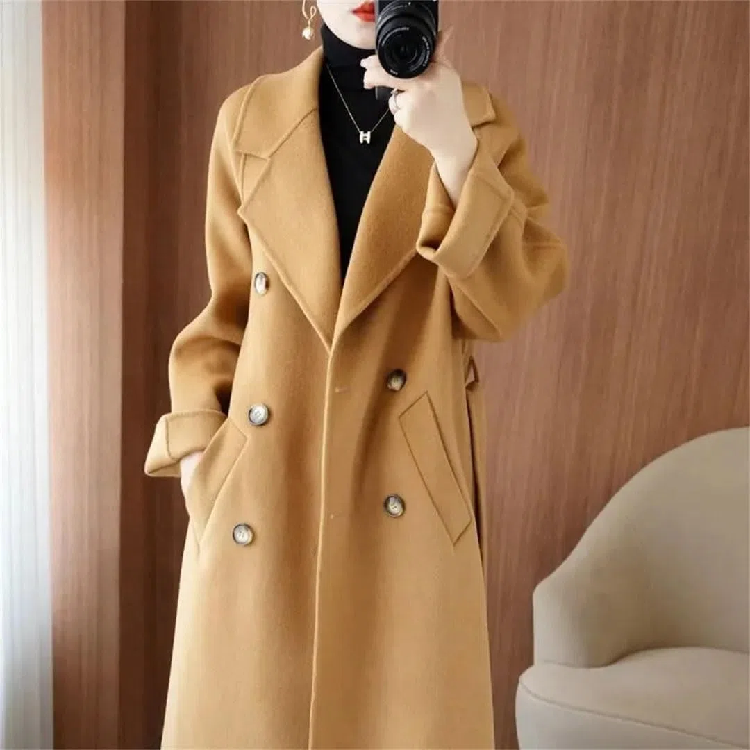 Abrigo de lana Drouble para mujer, estilo holgado, largo con cinturón