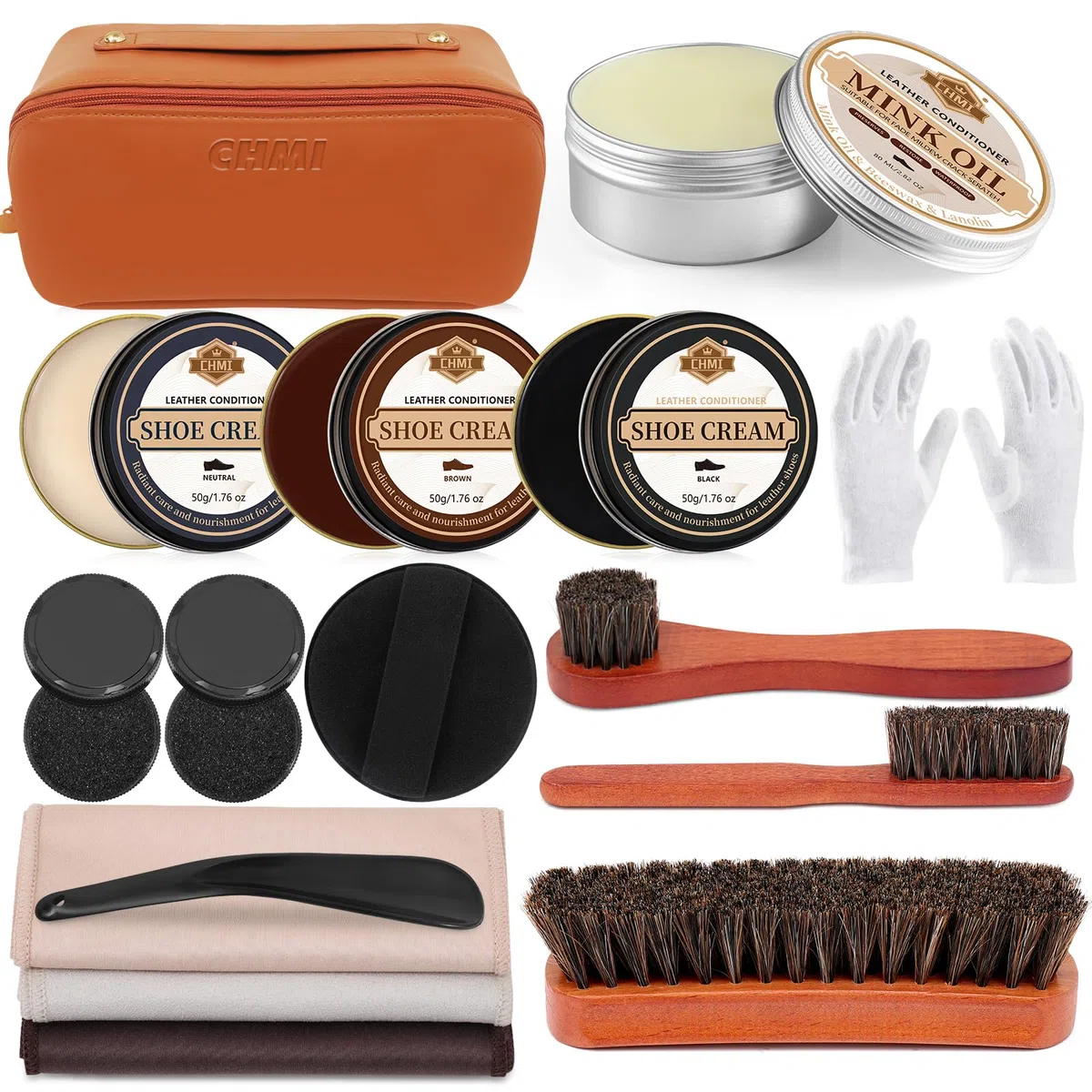 Kit de 16 piezas de brillo de zapatos de cuero para hombres, cepillos de zapatos de aceite de visón y más para kit de esmalte de zapatos, juego de cuidado de zapatos y kit de limpieza de zapatos para