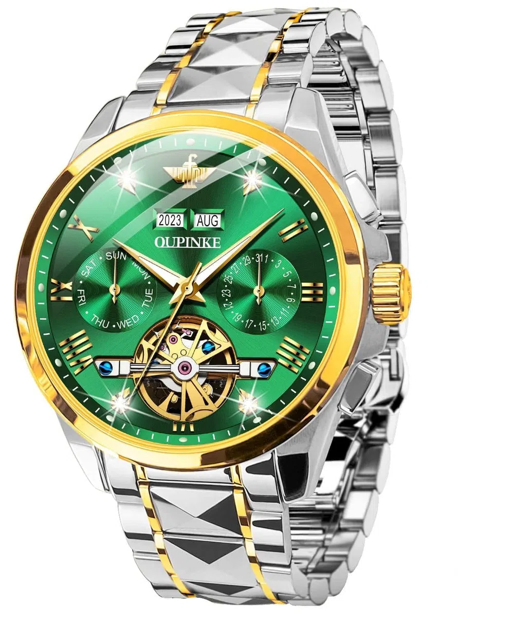 OUPINKE Relojes automáticos para hombre, esqueleto, mecánico, cuerda automática, reloj de pulsera de lujo, vestido de negocios, diamante, acero de tungsteno, cristal de zafiro, calendario, Correa de