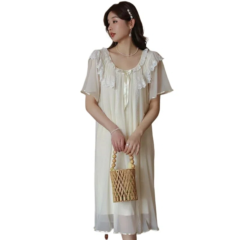 OFFSUM Camisón De Pijama De Mujer - Verano Cuello Redondo Color Sólido Moda Encaje Malla Bordado Ropa De Dormir Princesa Estilo Palaciego Ropa De Casa Suave De Gran Tamaño