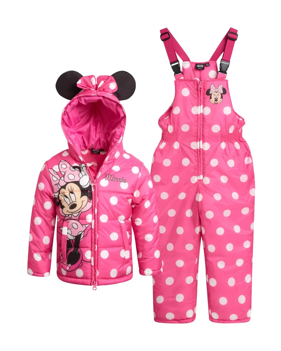 Disney - Juego de traje de nieve para niñas, Minnie Mouse, Lilo & Stich, 2 piezas, chamarra de esquí y pantalones de babero de nieve para niños pequeños (2T-7)